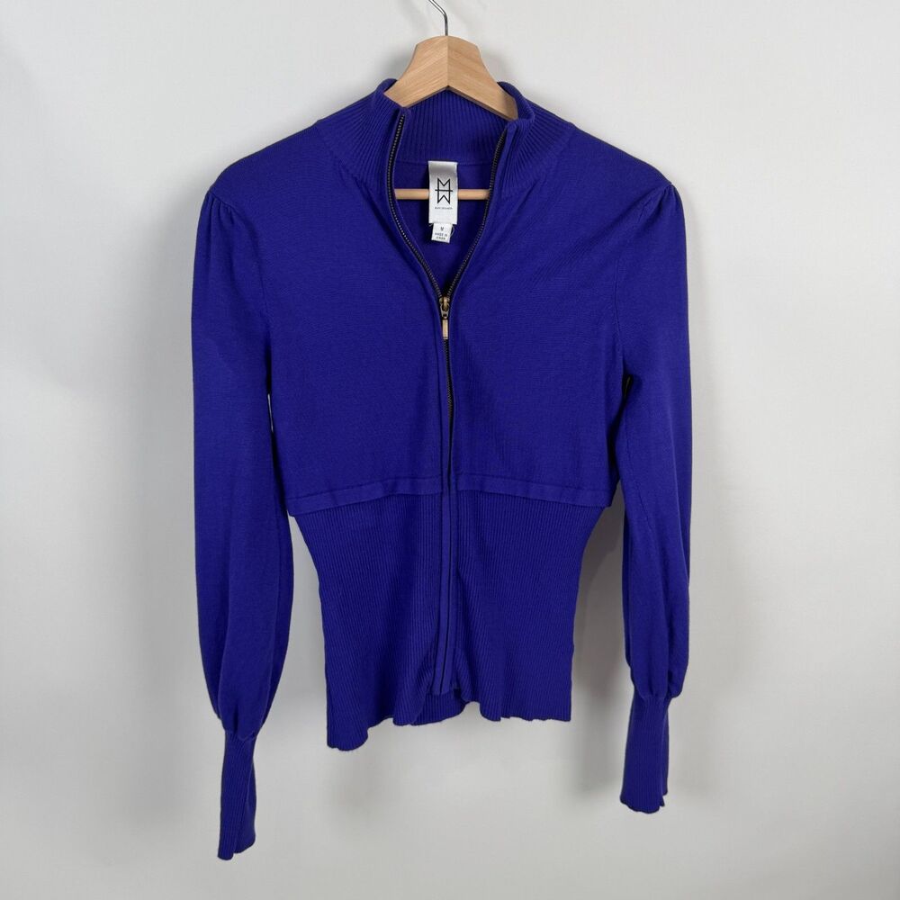 Marc Bouwer Womens Blue Knit Full Zip Sweater Medium Ribbed Waist Puffed Sleeve